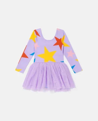 Abito a maniche lunghe con gonna in tulle con stampa a stelle