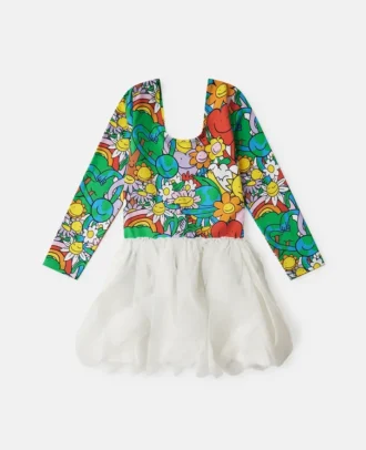 Abito con stampa Earth Friends e petali in tulle