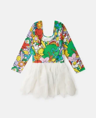 Abito con stampa Earth Friends e petali in tulle