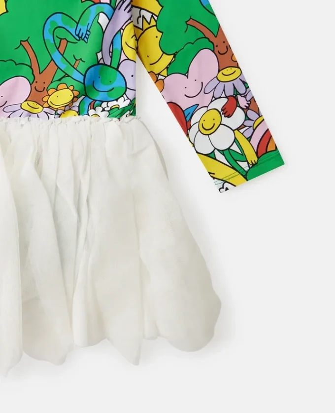 Abito con stampa Earth Friends e petali in tulle Abito con stampa Earth Friends e petali in tulle