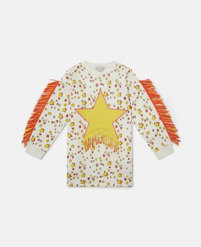 Abito felpa con frange e stampa a stelle Abito felpa con frange e stampa a stelle