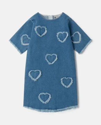 Abito in denim elasticizzato con toppa a forma di cuore con frange