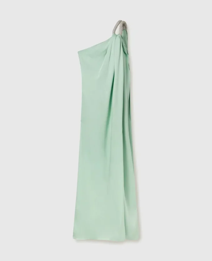 Abito lungo asimmetrico drappeggiato con catena in cristallo senza piombo Abito lungo asimmetrico drappeggiato con catena in cristallo senza piombo