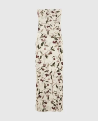 Abito midi senza spalline in maglia con stampa ciliegie