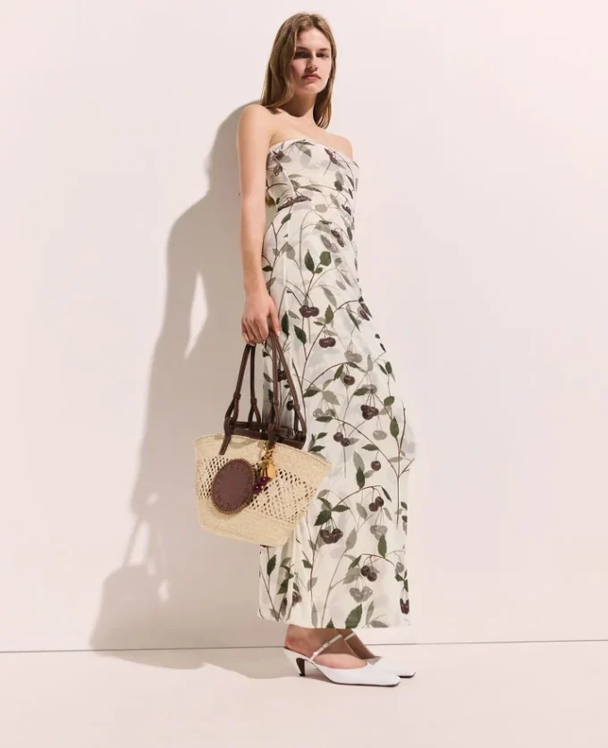 Abito midi senza spalline in maglia con stampa ciliegie Abito midi senza spalline in maglia con stampa ciliegie
