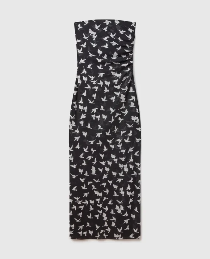 Abito midi senza spalline in maglia con stampa colombe Abito midi senza spalline in maglia con stampa colombe