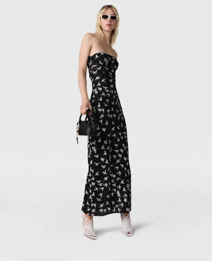 Abito midi senza spalline in maglia con stampa colombe Abito midi senza spalline in maglia con stampa colombe
