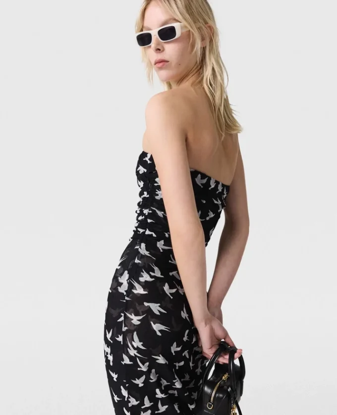 Abito midi senza spalline in maglia con stampa colombe Abito midi senza spalline in maglia con stampa colombe