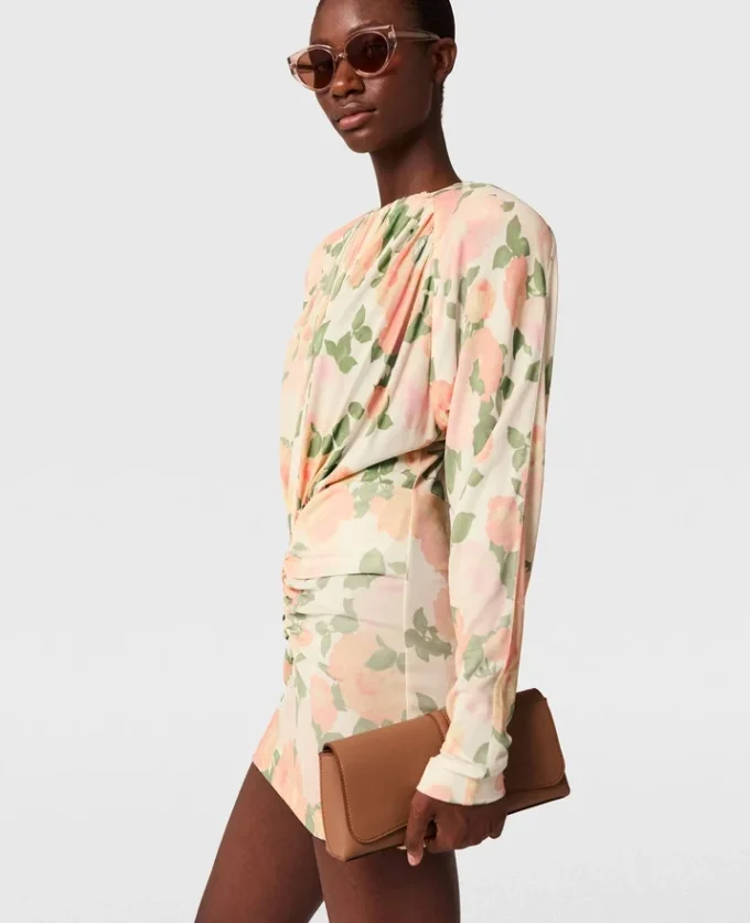 Abito mini a maniche lunghe con stampa peonie Abito mini a maniche lunghe con stampa peonie
