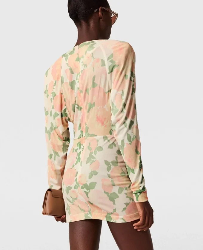 Abito mini a maniche lunghe con stampa peonie Abito mini a maniche lunghe con stampa peonie