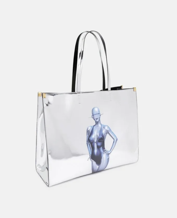 Borsa tote con stampa Sexy Robot effetto cromato a specchio Borsa tote con stampa Sexy Robot effetto cromato a specchio