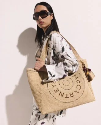 Borsa tote grande in rafia con logo