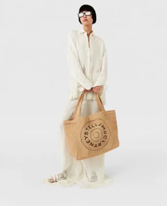 Borsa tote grande in rafia con logo