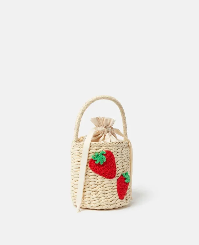 Borsa tote in paglia ricamata con fragole Borsa tote in paglia ricamata con fragole