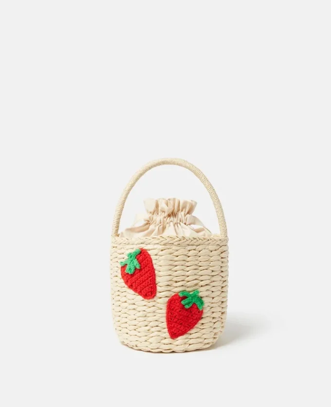 Borsa tote in paglia ricamata con fragole Borsa tote in paglia ricamata con fragole