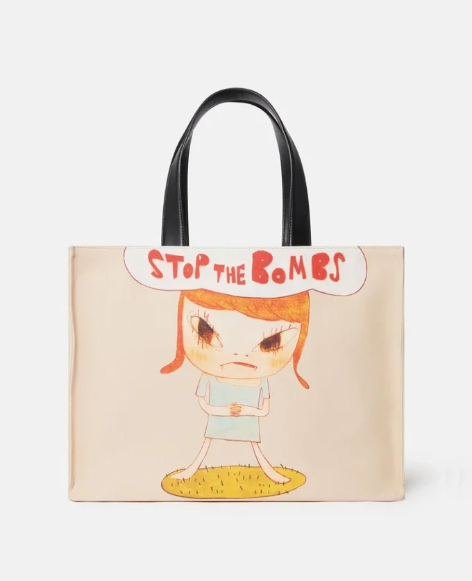 Borsa tote in tela di cotone con stampa Stop the Bombs Borsa tote in tela di cotone con stampa Stop the Bombs