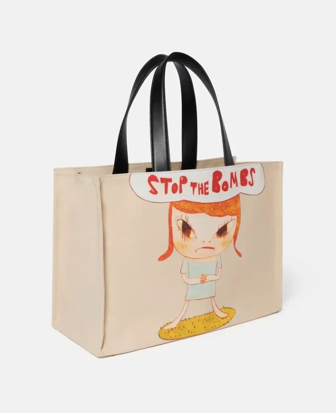 Borsa tote in tela di cotone con stampa Stop the Bombs Borsa tote in tela di cotone con stampa Stop the Bombs