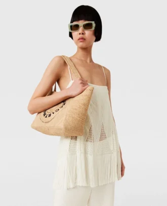 Borsa tote media in rafia con logo