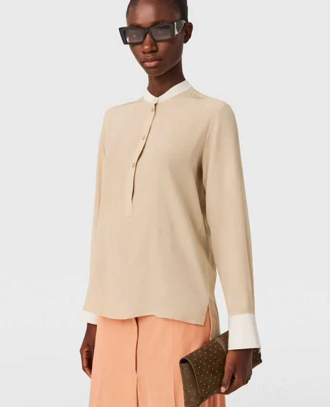 Camicia con collo alla coreana e pannello a contrasto Camicia con collo alla coreana e pannello a contrasto