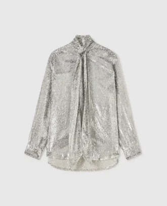 Camicia con collo annodato in velluto metallizzato