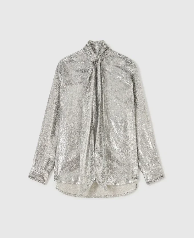 Camicia con collo annodato in velluto metallizzato