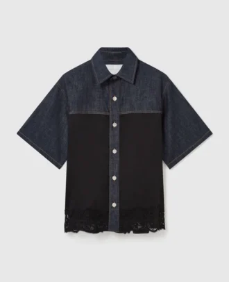 Camicia in denim a maniche corte con pannello in raso