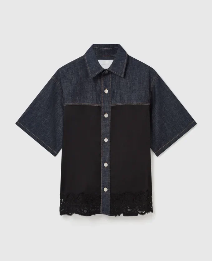Camicia in denim a maniche corte con pannello in raso Camicia in denim a maniche corte con pannello in raso