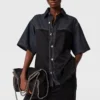 Camicia in denim a maniche corte con pannello in raso Camicia in denim a maniche corte con pannello in raso