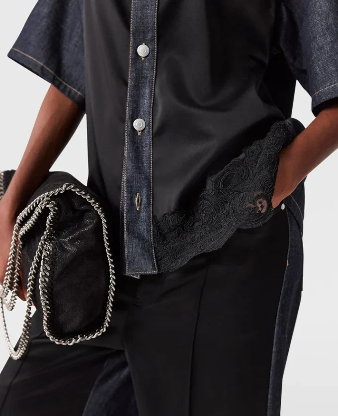 Camicia in denim a maniche corte con pannello in raso Camicia in denim a maniche corte con pannello in raso