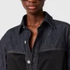 Camicia in denim a maniche corte con pannello in raso Camicia in denim a maniche corte con pannello in raso