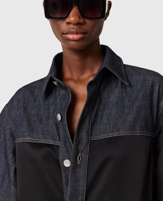 Camicia in denim a maniche corte con pannello in raso Camicia in denim a maniche corte con pannello in raso