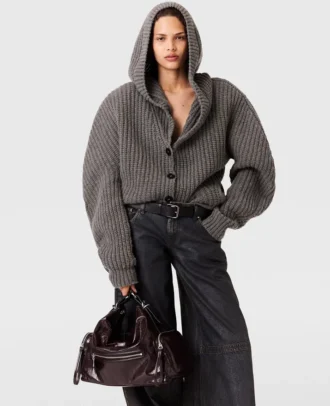 Cardigan con cappuccio a coste