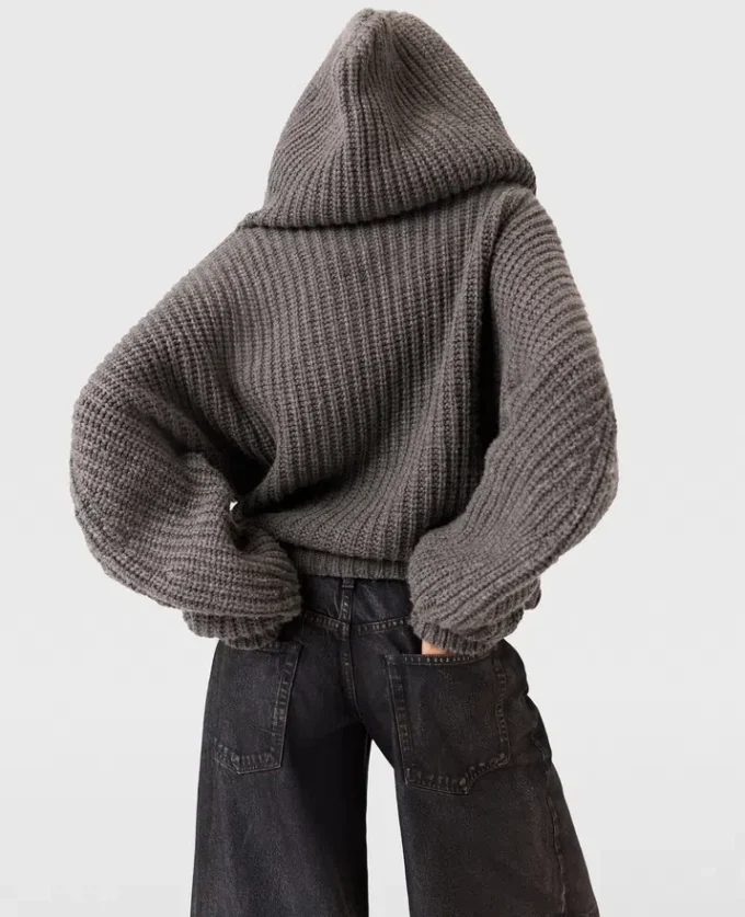 Cardigan con cappuccio a coste Cardigan con cappuccio a coste