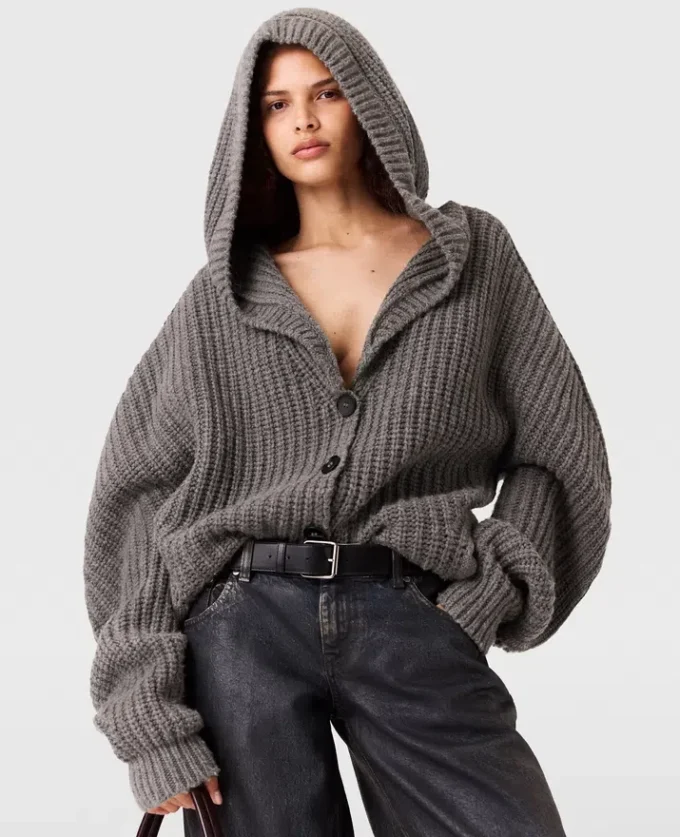Cardigan con cappuccio a coste Cardigan con cappuccio a coste