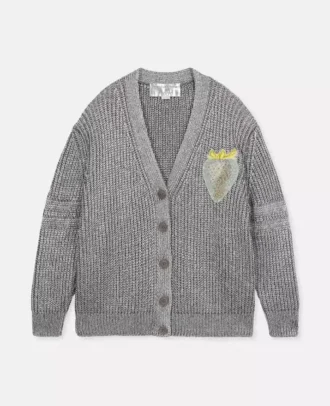Cardigan in cotone biologico con applicazione a forma di fragola