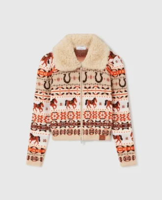 Cardigan in lana con collo in peluche Fair Isle