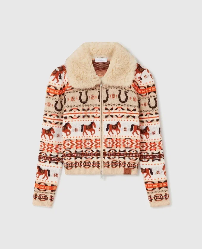 Cardigan in lana con collo in peluche Fair Isle Cardigan in lana con collo in peluche Fair Isle