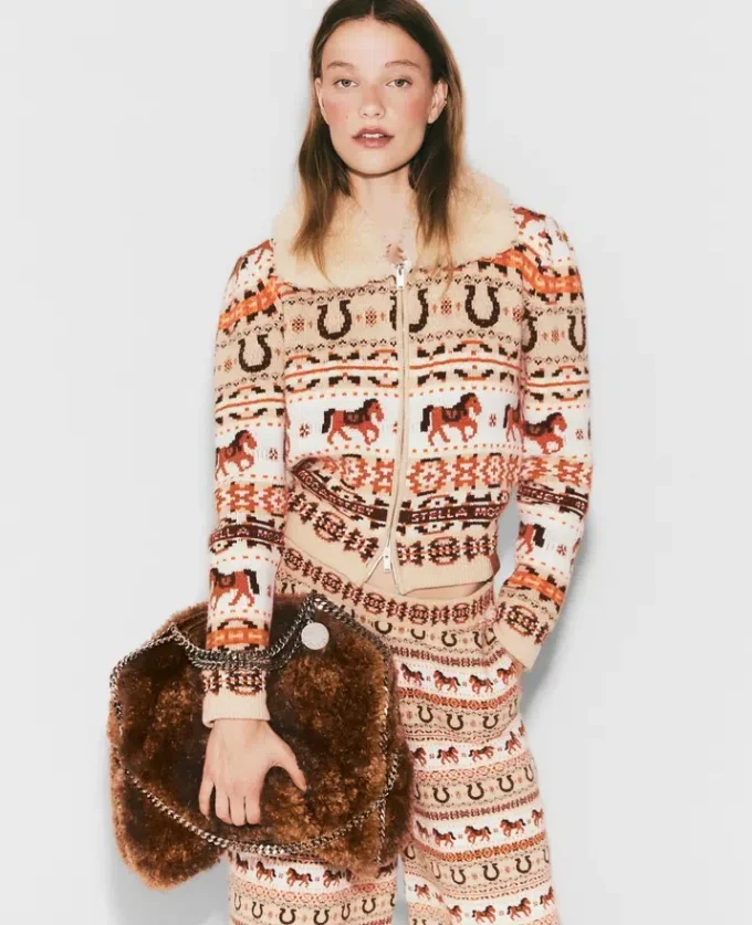 Cardigan in lana con collo in peluche Fair Isle Cardigan in lana con collo in peluche Fair Isle