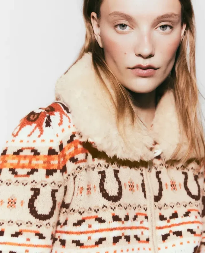 Cardigan in lana con collo in peluche Fair Isle Cardigan in lana con collo in peluche Fair Isle