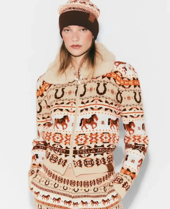 Cardigan in lana con collo in peluche Fair Isle Cardigan in lana con collo in peluche Fair Isle