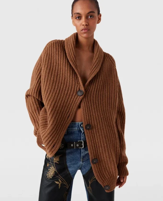 Cardigan oversize con scollo a V e bordi a costine