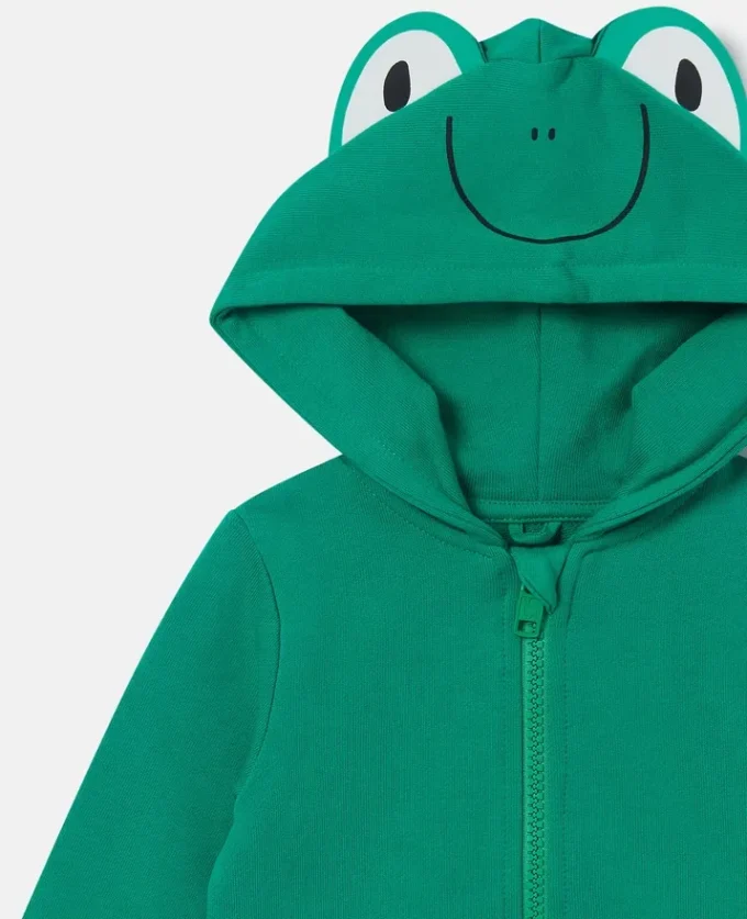 Felpa con cappuccio e zip con grafica rana Felpa con cappuccio e zip con grafica rana