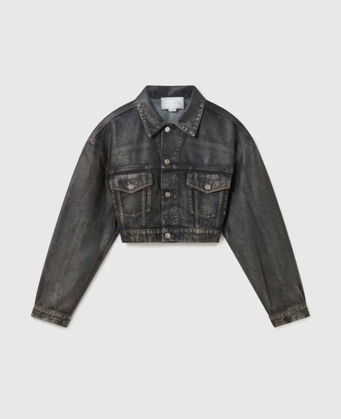 Giacca corta in denim con pannelli invecchiati Giacca corta in denim con pannelli invecchiati