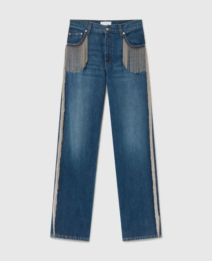 Jeans in denim a gamba dritta con nappine a catena