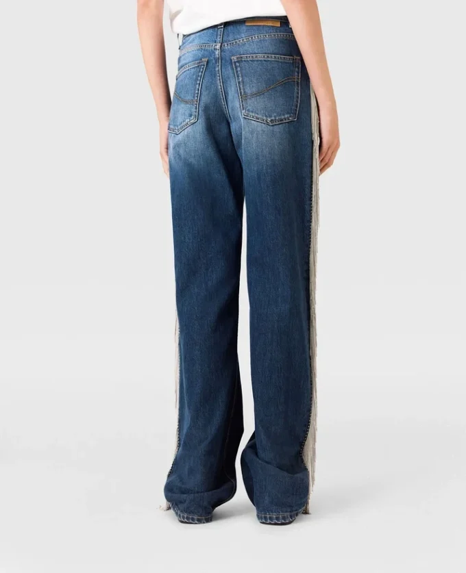 Jeans in denim a gamba dritta con nappine a catena