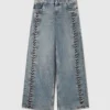 Jeans in denim a gamba larga con lacci Jeans in denim a gamba larga con lacci