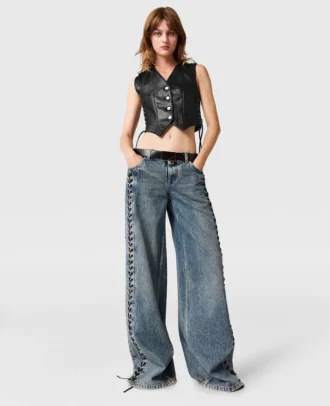 Jeans in denim a gamba larga con lacci Jeans in denim a gamba larga con lacci