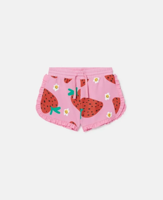 Pantaloncini con stampa a fragole e frange Pantaloncini con stampa a fragole e frange