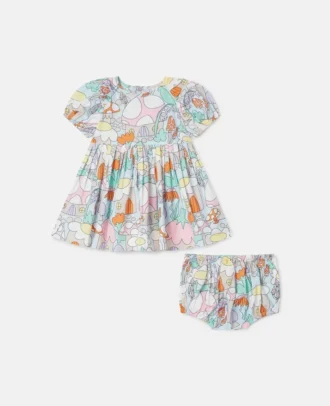 Set con abito a maniche corte con stampa boschiva e bloomers