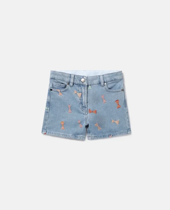 Shorts in denim con stampa a fiocchi a righe Shorts in denim con stampa a fiocchi a righe